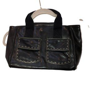 tommy hilfiger black leather contrast stitching pockets hand bag EUC